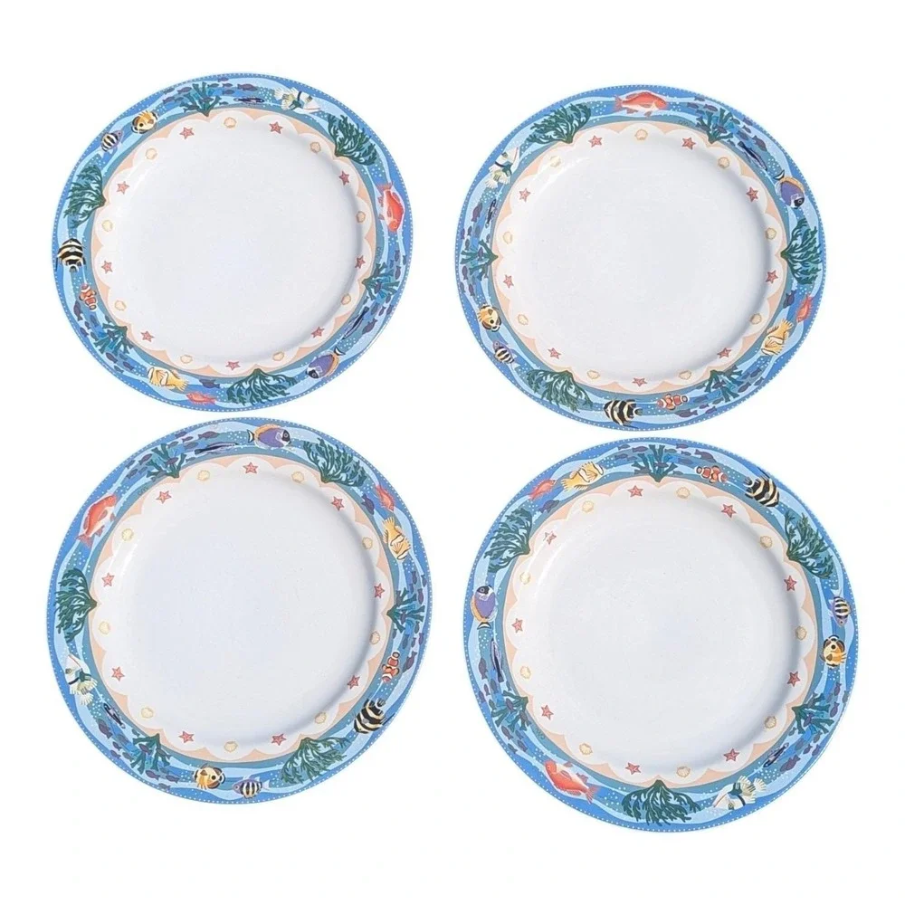 Coastal Cottagecore Sakura Coral Reef Stoneware Dinner Plates Set of 4